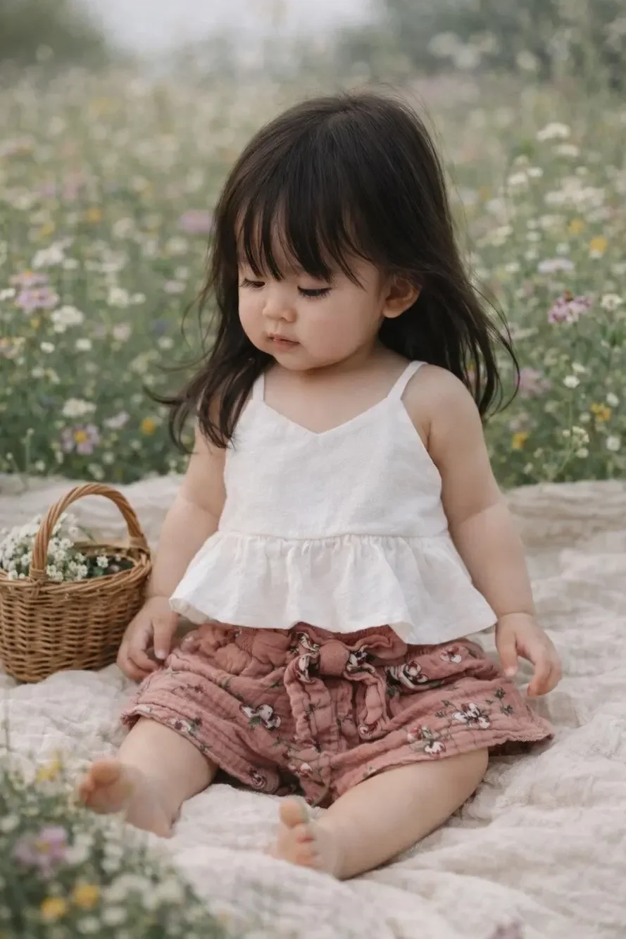 Zara Baby Muslin Mauve Floral Shorts + Peplum Gauzy Top 6-12mths